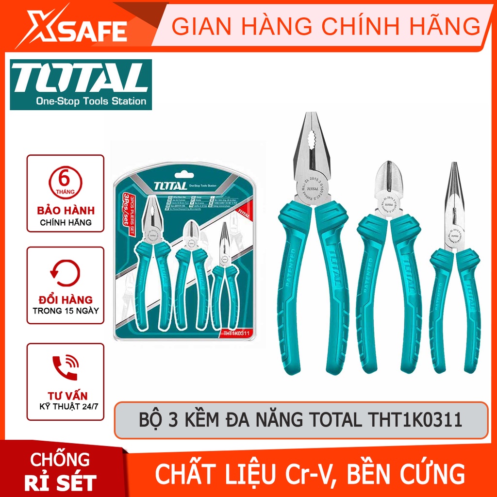 Bộ 3 kìm điện, kìm cắt, kìm mũi nhọn TOTAL THT1K0311 | bộ kềm đa năng gồm ba loại răng 7&quot;, mũi dài 6&quot;, cắt 6&quot;