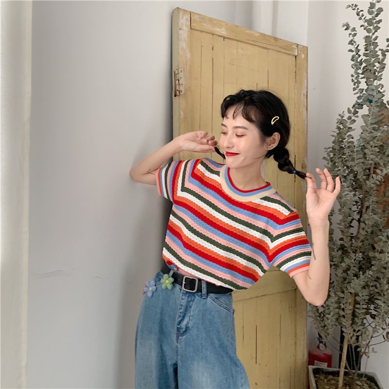 Áo Thun Tay Ngắn Cổ Tròn Hoạ Tiết Kẻ Sọc Màu Sắc Cầu Vồng Trẻ Trung Năng Động