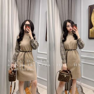 Váy len pha tay kẻ kèm đai