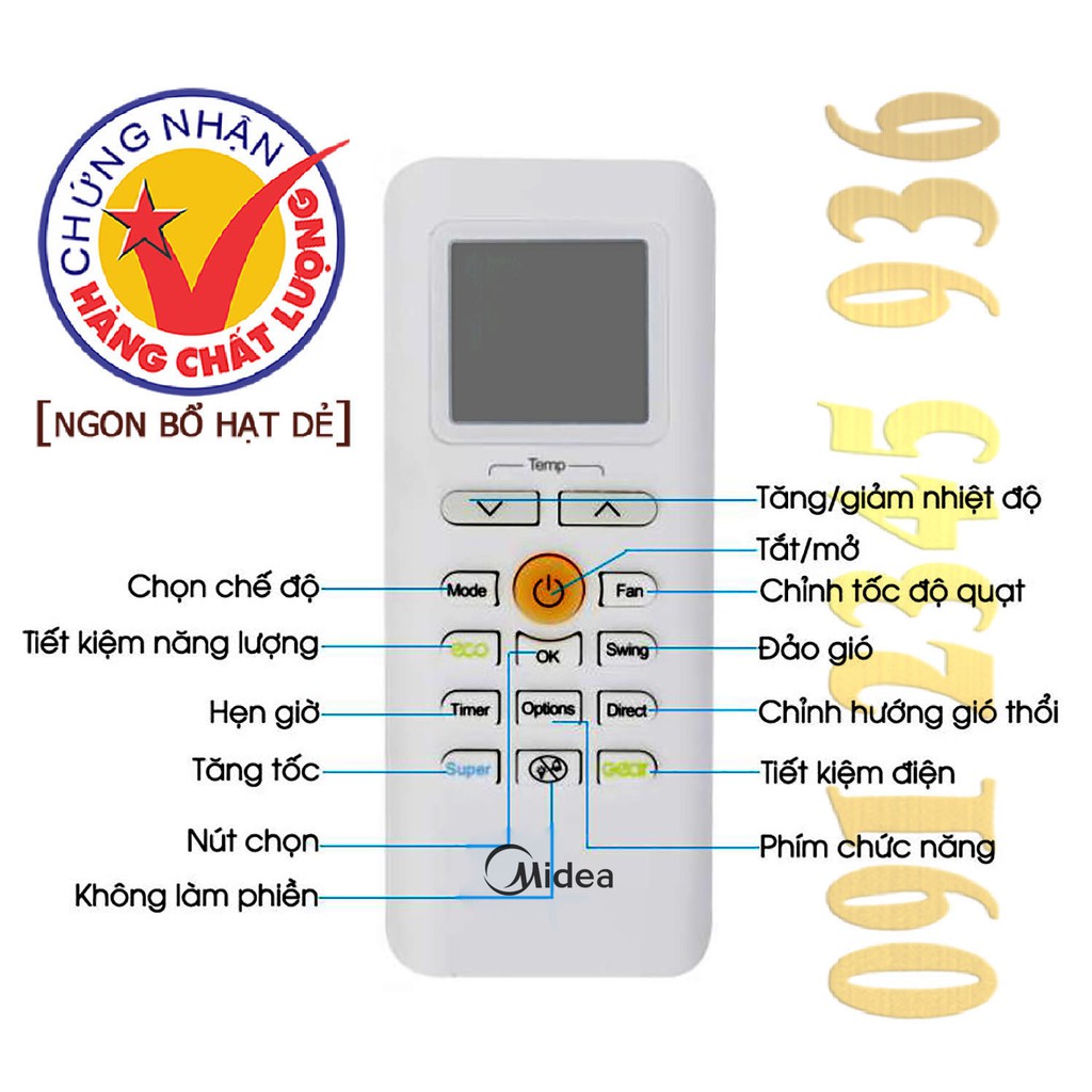 Remote Điều khiển Điều hòa Máy lạnh Midea &quot;HÀNG ĐẸP&quot;. (Mẫu số 4)