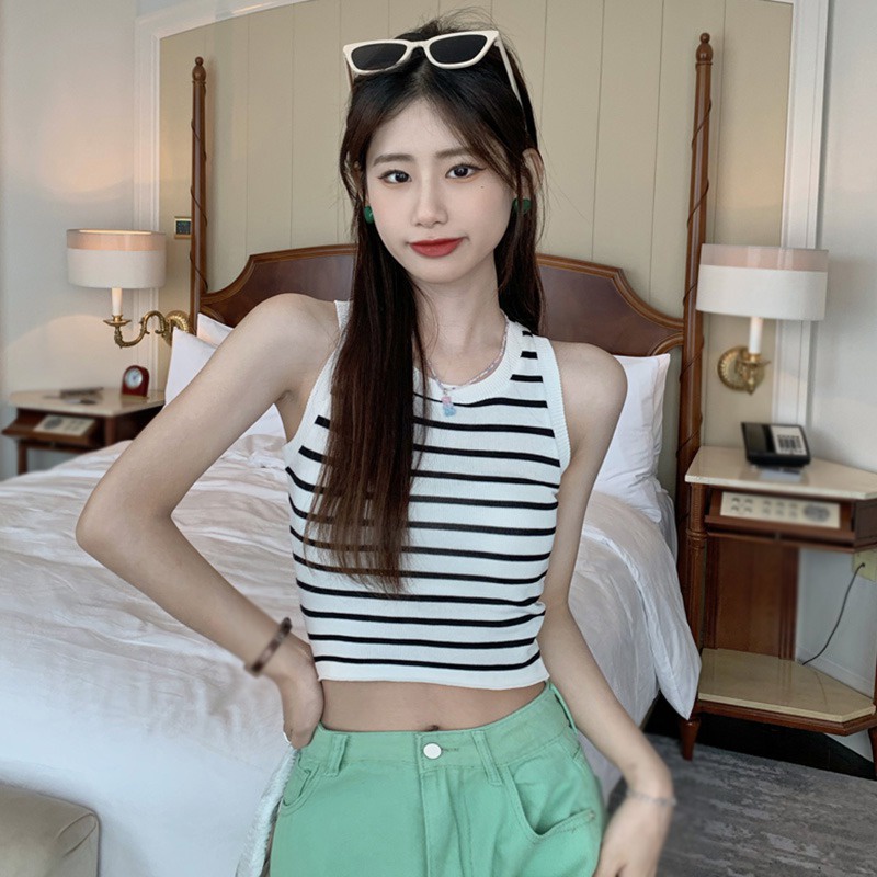 Áo len mỏng không tay cổ tròn dáng ngắn ôm sát thoáng mát họa tiết sọc ngang thời trang mùa hè Hàn Quốc cho nữ