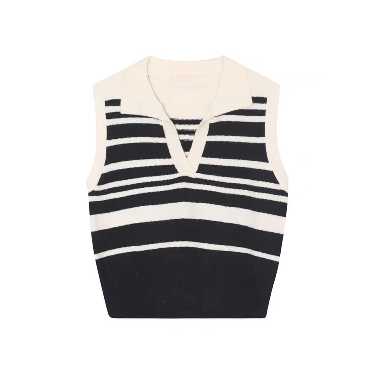 MS879 Áo gile len nữ cổ bẻ kẻ ngang Hàn Quốc