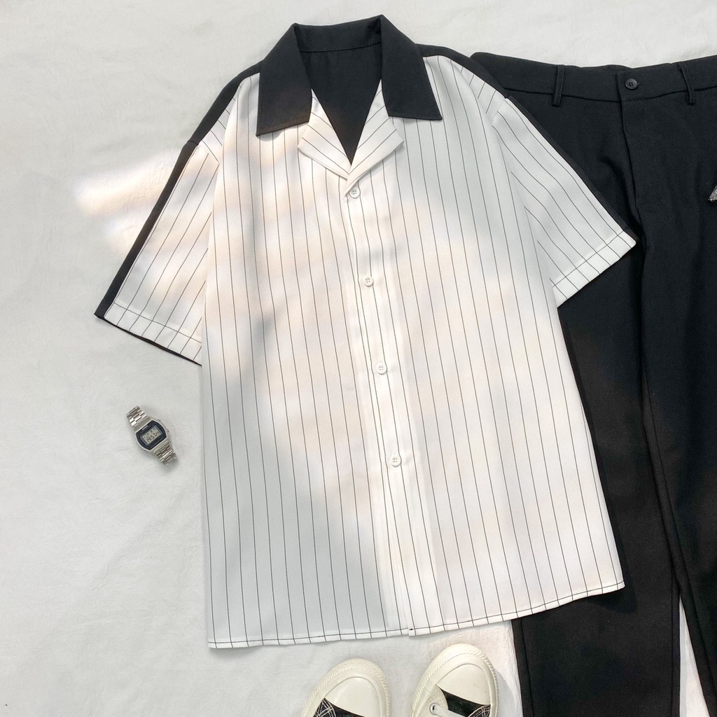 Áo sơ mi VEST phối sọc trắng đen form rộng Nam Nữ Unisex - sơ mi POMO cổ bẻ vải lụa Form Rộng Phong Cách Ulzzang - Tuni