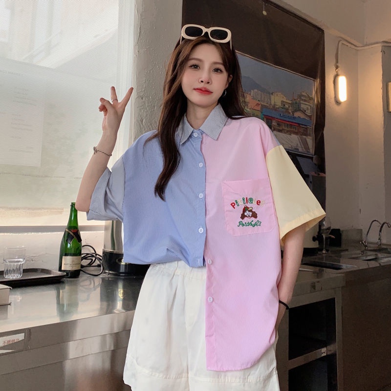 Áo Sơ Mi Tay Ngắn Kẻ Sọc Màu Sắc Tương Phản Phong Cách Hong Kong Thời Trang Mùa Hè Cho Nữ