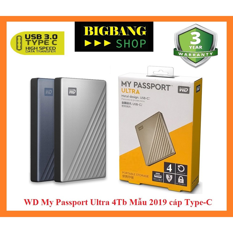 [Mã 66ELHASALE hoàn 7% đơn 500K] Ổ cứng di động WD My PassPort Ultra 4Tb cáp Type-C Vỏ nhôm