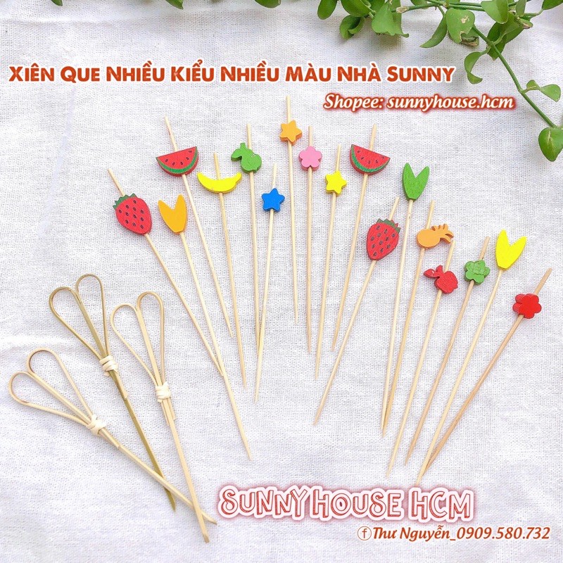 Set 10 que xiên thức ăn, trái cây, thịt nướng, xiên nướng nhiều kiểu nhiều màu