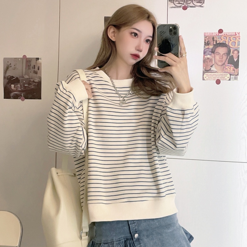SUXI Áo Sweater Tay Dài Cổ Tròn Vải Mỏng Kẻ Sọc Phong Cách Thể Thao Cổ Điển Kiểu Hàn Thời Trang Mùa Thu Cho Bạn Nữ
