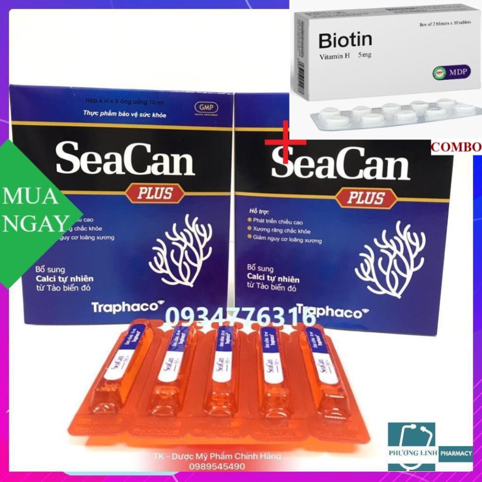 Combo Biotin 5mg+ SeaCan Plus Traphaco, Bổ sung canxi tự nhiên từ tảo biển đỏ, Hộp 20 ống