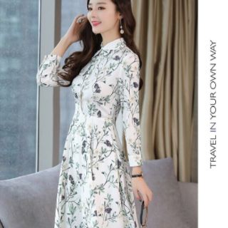 Đầm lụa phối nút cổ sơ mi cao