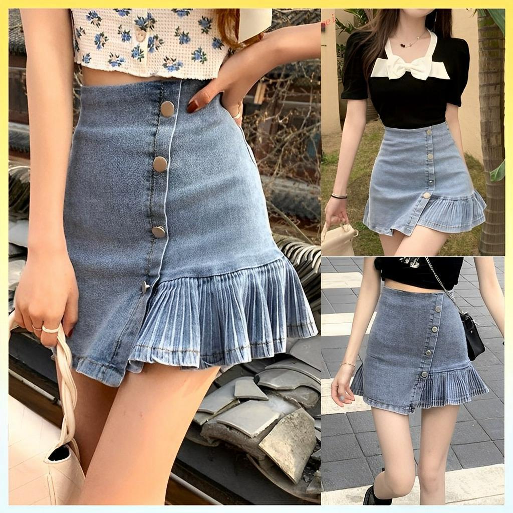 Chân váy jeans vạt xéo ĐUÔI CÁ XẾP LY có lớp lót bên trong phong cách Hàn Quốc xinh xắn siêu HOT