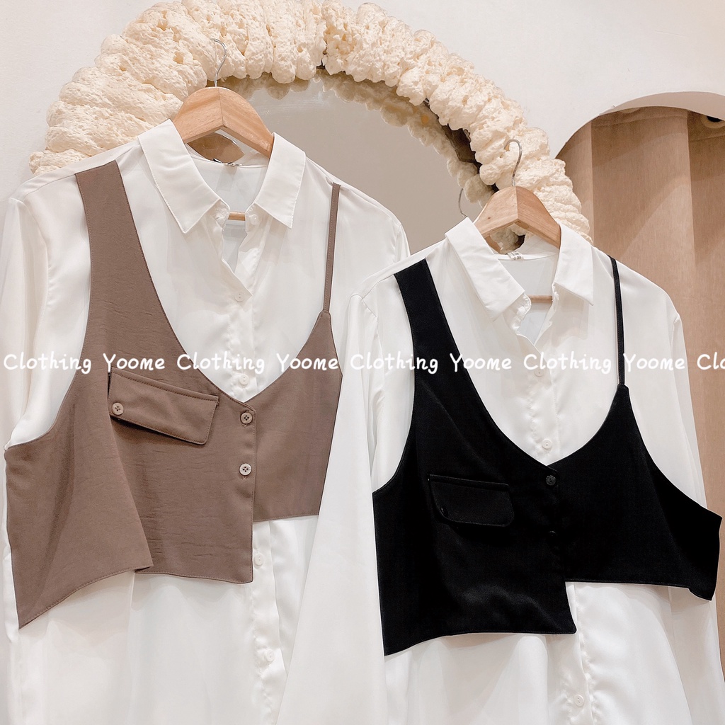 Set sơ mi kèm gile phối 2 dây chất lụa trượt không nhăn yoome clothing