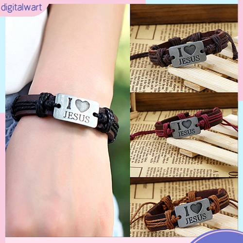 Vòng tay giả da mặt khắc chữ I Love Jesus độc đáo