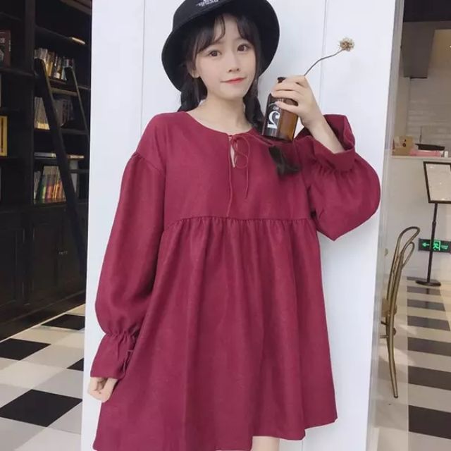 Đầm babydoll tay dài uzzlang phong cách Hàn Quốc