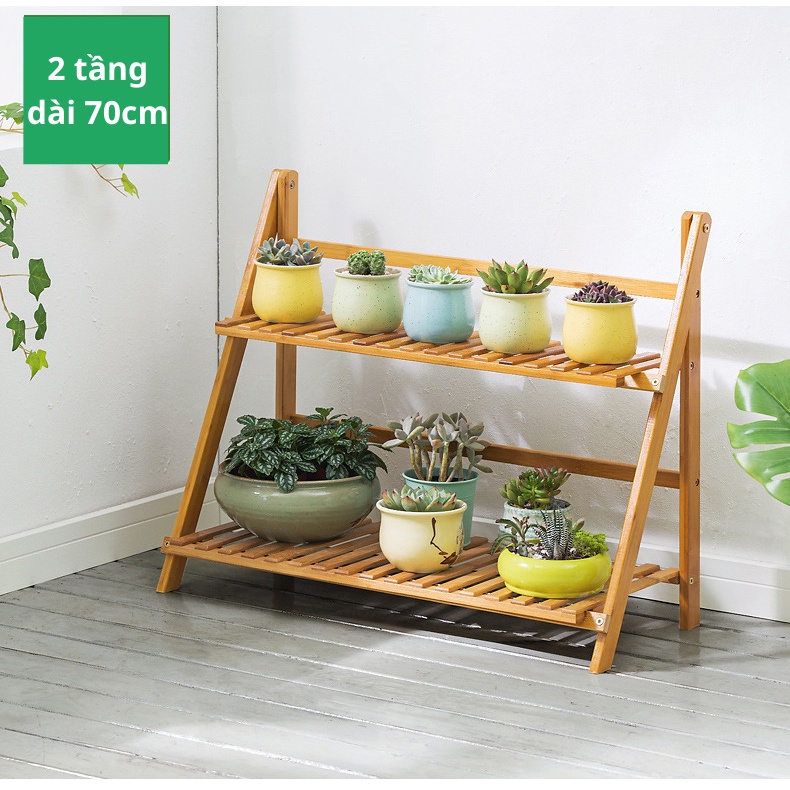 Kệ hoa gấp gọn 2 tầng đẹp mắt, giá để chậu hoa cây cảnh gỗ tre tự nhiên để ban công, trong nhà tiết kiệm không gian