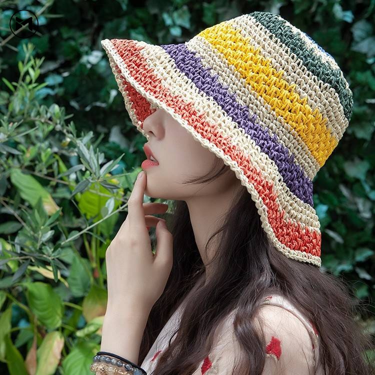 Nón Cói Rộng Vành Họa Tiết Kẻ Sọc Nhiều Màu Sắc Cho Nữ