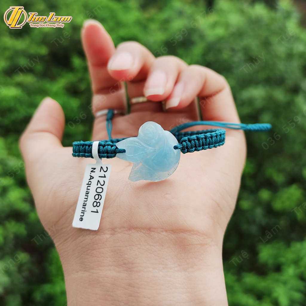 Vòng tay hồ ly chín đuôi aquamarine dáng ôm hoa bện chỉ may mắn hợp mệnh thủy mộc - Tuệ Lâm