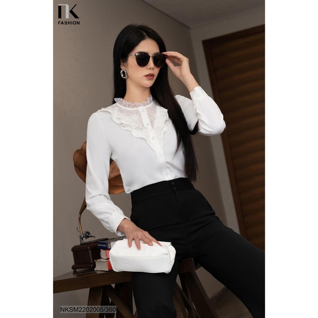 Áo Sơ Mi Nữ NK Fashion Thiết Kế Phối Cổ Ren Cách Điệu Thanh Lịch, Chất Vải Nhập Hàn Mềm Mịn NKSM2202005