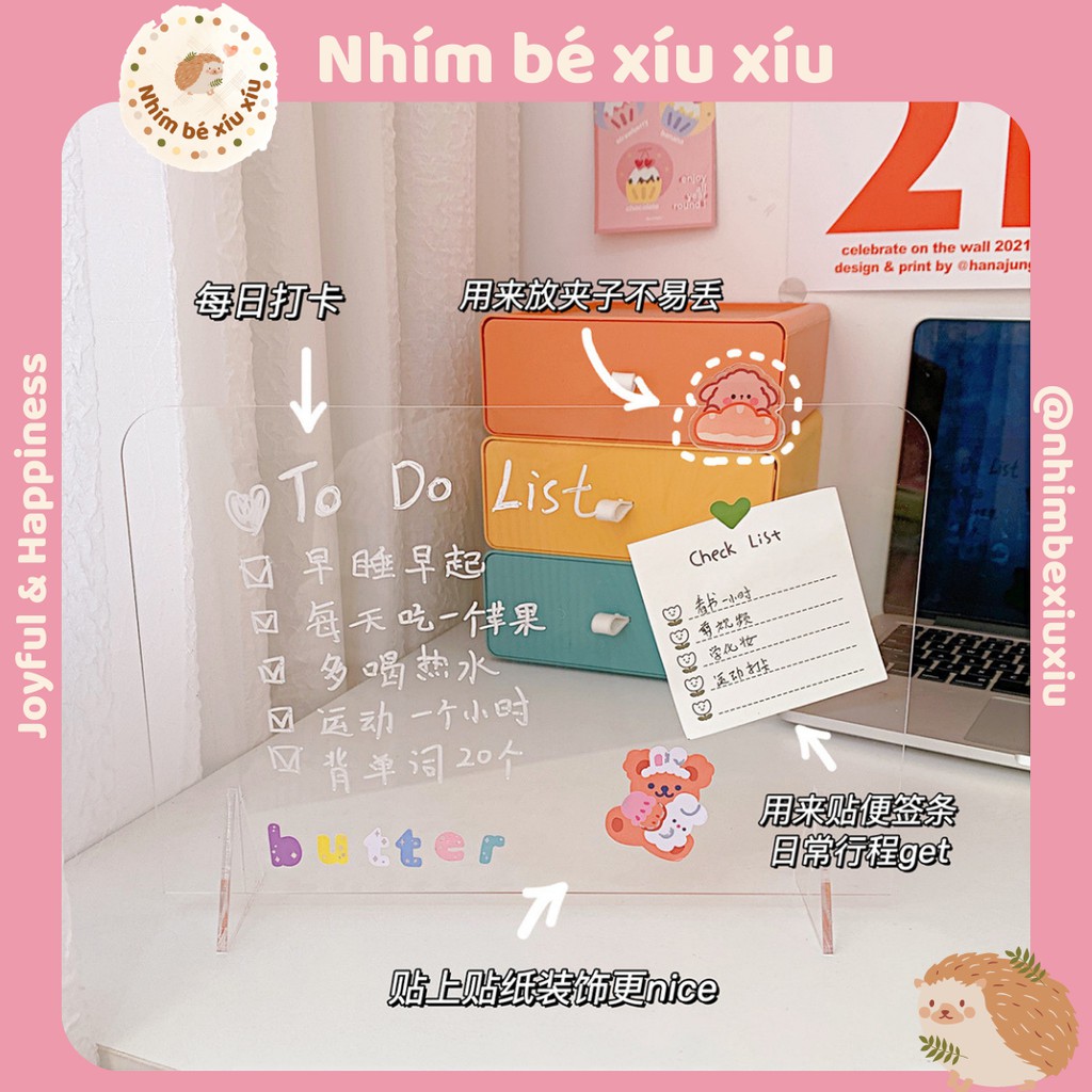 Bảng ghi chú memo board acrylic trong suốt decor bàn học 2 size VT101