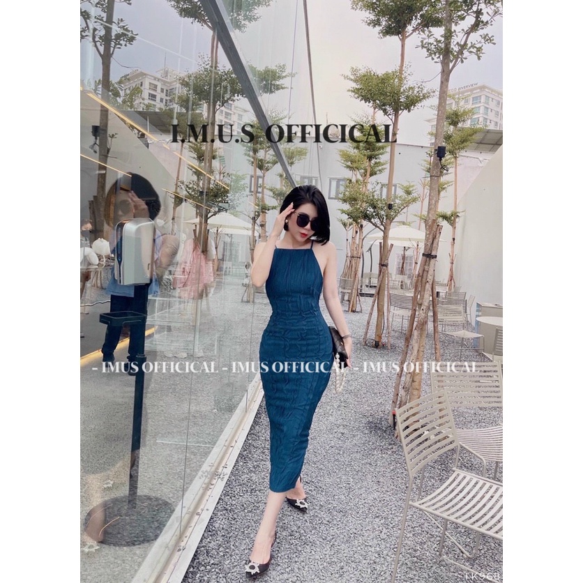 AMBER DRESS - Đầm Body Cổ Yếm Màu Coban, Đầm Body Thun Dập Nổi Xẻ Tà- IMUS Thiết Kế Nữ