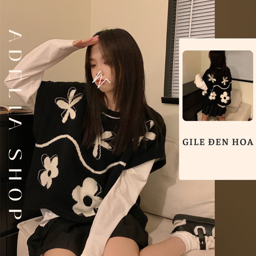 Gile Đen Hoa | Áo Gile Len Dệt Kim Cổ Tròn Màu Đen Họa Tiết Hoa Trắng Basic Phong Cách Ulzzang Hàn Quốc