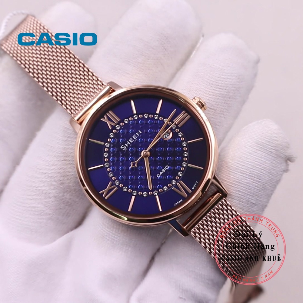 Đồng Hồ Casio Nữ Sheen SHE-4059PGM-2A dây lưới mặt màu xanh đính đá pha lê cao cấp