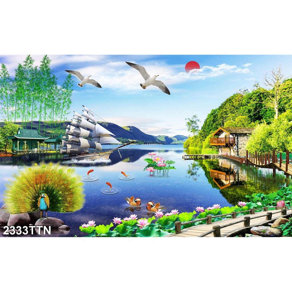 TRANH DÁN TƯỜNG 3D SƠN THUỶ HỮU TÌNH THÁC NƯỚC ĐẸP NHIỀU MẪU - TRANH NON NƯỚC HỮU TÌNH