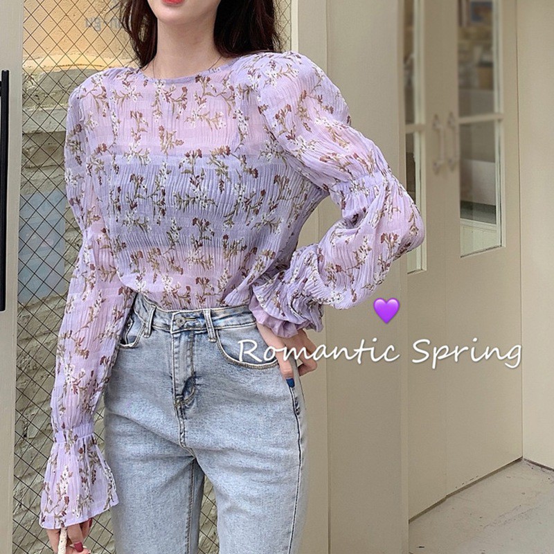 Áo Kiểu Tay Dài Cổ Tròn Chất Chiffon Hoạ Tiết Hoa Nữ Tính