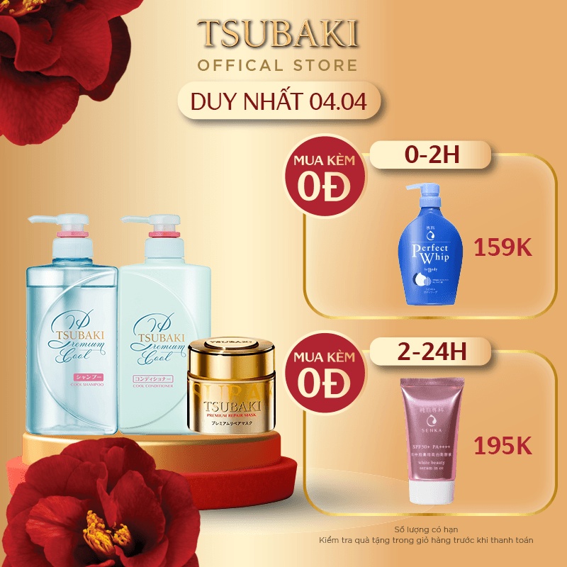 Bộ đôi gội xả Sạch Dầu Mát Lạnh Tsubaki Premium Cool Set (490ml/chai) và Mặt nạ tóc phục hồi hư tổn Tsubaki (180g)