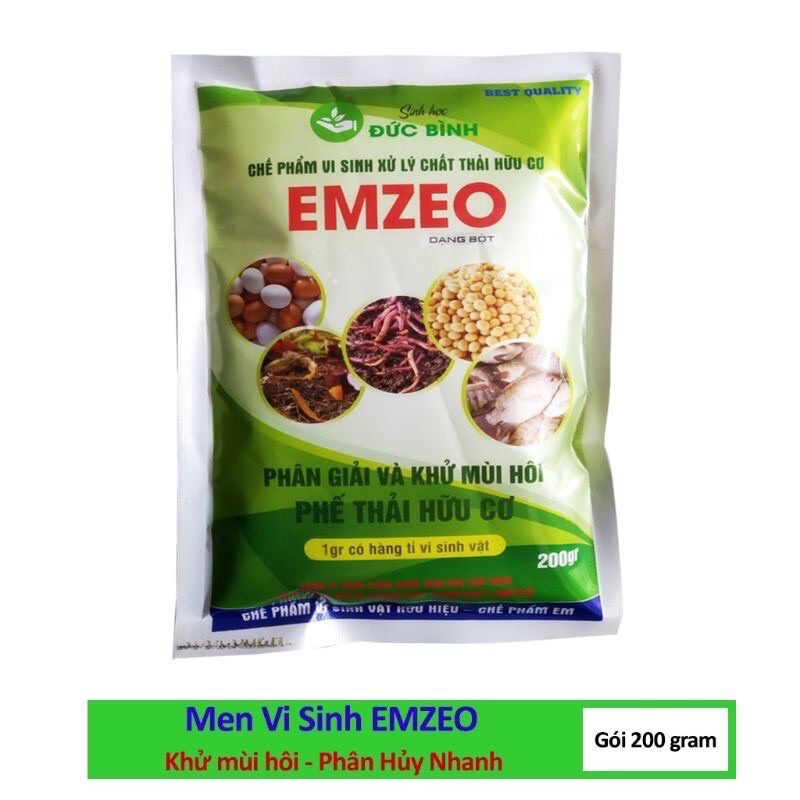 Chế phẩm vi sinh xử lý chất thải hữu cơ EMZEO dạng bột dùng để phân giải và khử mùi hôi phế thải hữu cơ.