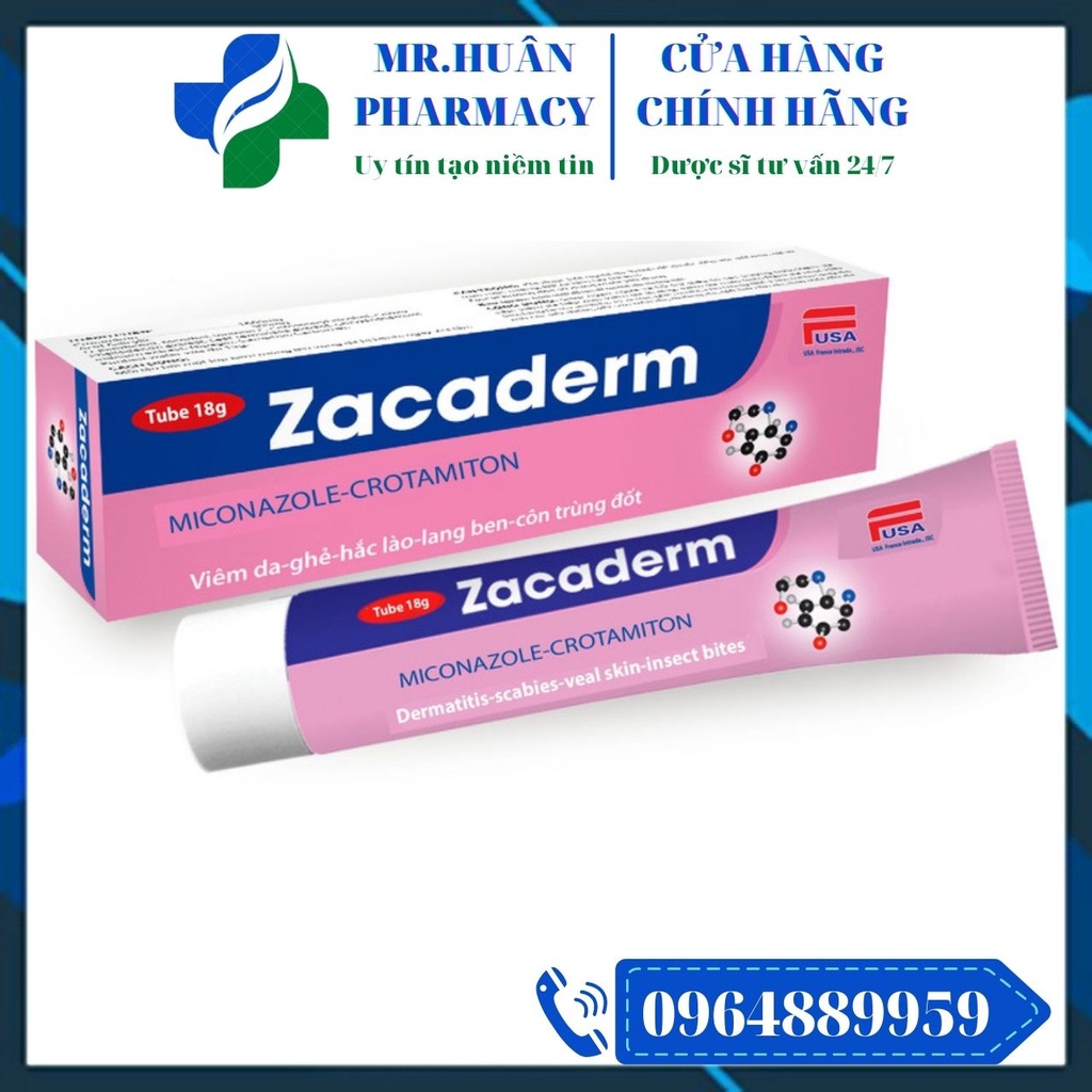 Zacaderm 18g - Dùng cho viêm da, ghẻ lở, hắc lào, lang ben, côn trùng đốt, ngứa, eczema, nấm móng, nấm canida
