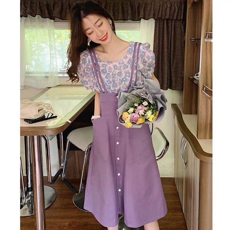 (ORDER) Set váy yếm hai dây xòe cài dọc khuy+ Áo sơ mi hoa tím style ngọt ngào mùa hè Hàn Quốc