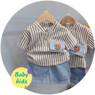 Set áo sơ mi kẻ quần đũi xanh bé trai