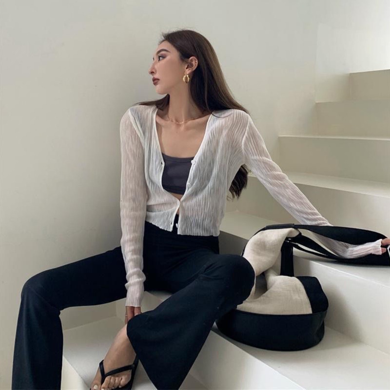 Áo Khoác Cardigan Tay Dài Cổ Chữ V Vải Lụa Mát Thời Trang Thanh Lịch Cho Nữ