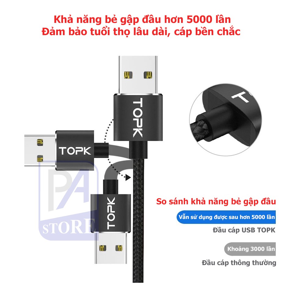 Cáp Sạc Nam châm TOPK Siêu Phong Cách, Dài 1 mét, Đầu Thẳng (Iphone Lightning, Micro USB, USB Type C)