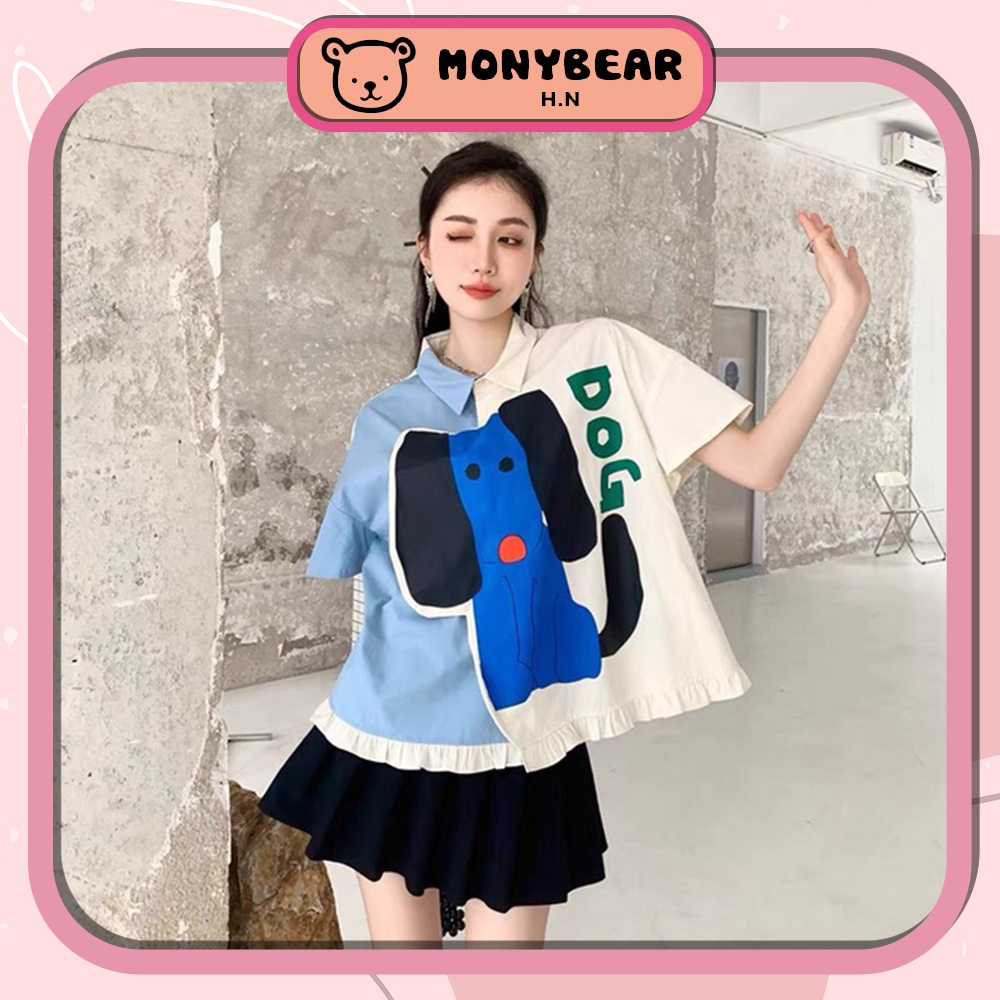Set Áo Sơ Mi In Hình Cún Con Dễ Thương Phối Chân Váy Xếp Li Xinh Xắn - HN391