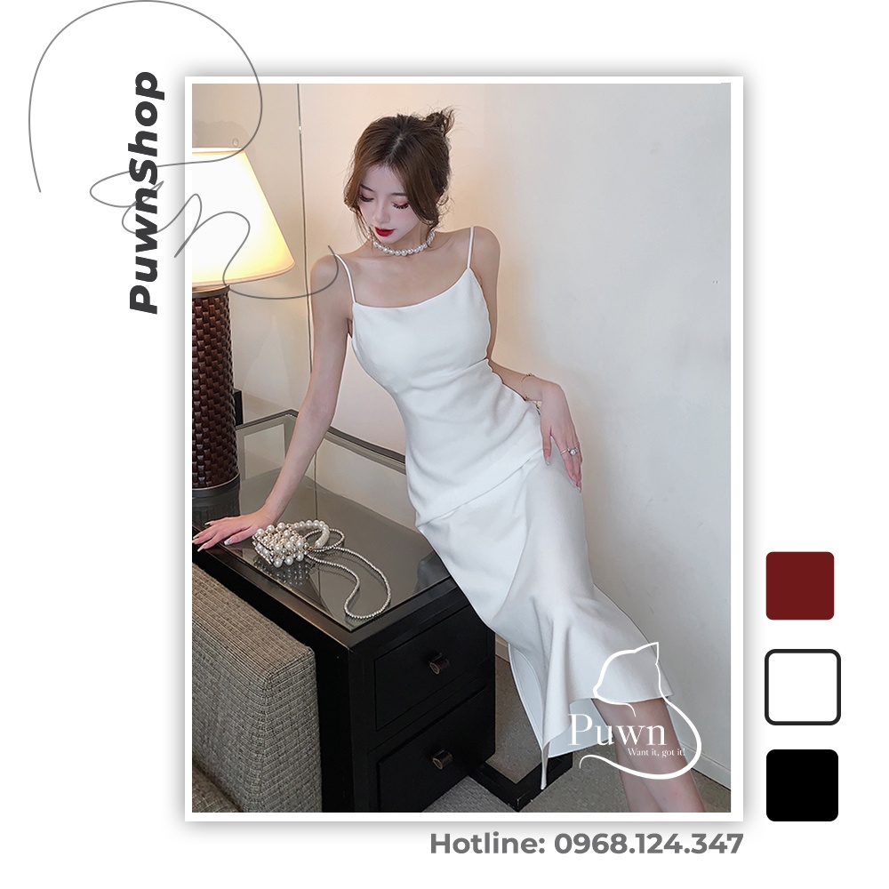 Váy lụa hai dây cổ tròn tiểu thư xẻ tà thanh lịch, quý phái, dự tiệc, prom, tôn dáng sexy Puwn Shop