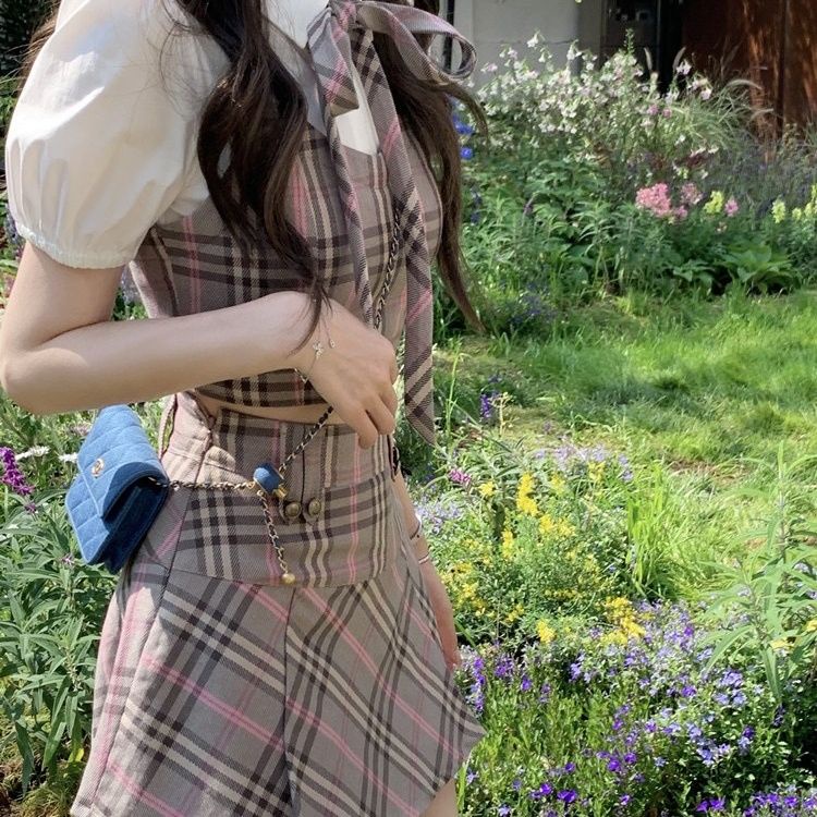 Bộ Áo Sơ Mi Giả Hai Mảnh + Chân Váy Đồng Phục Xếp Ly Sọc Caro Thời Trang Mùa Hè Cho Bạn Gái