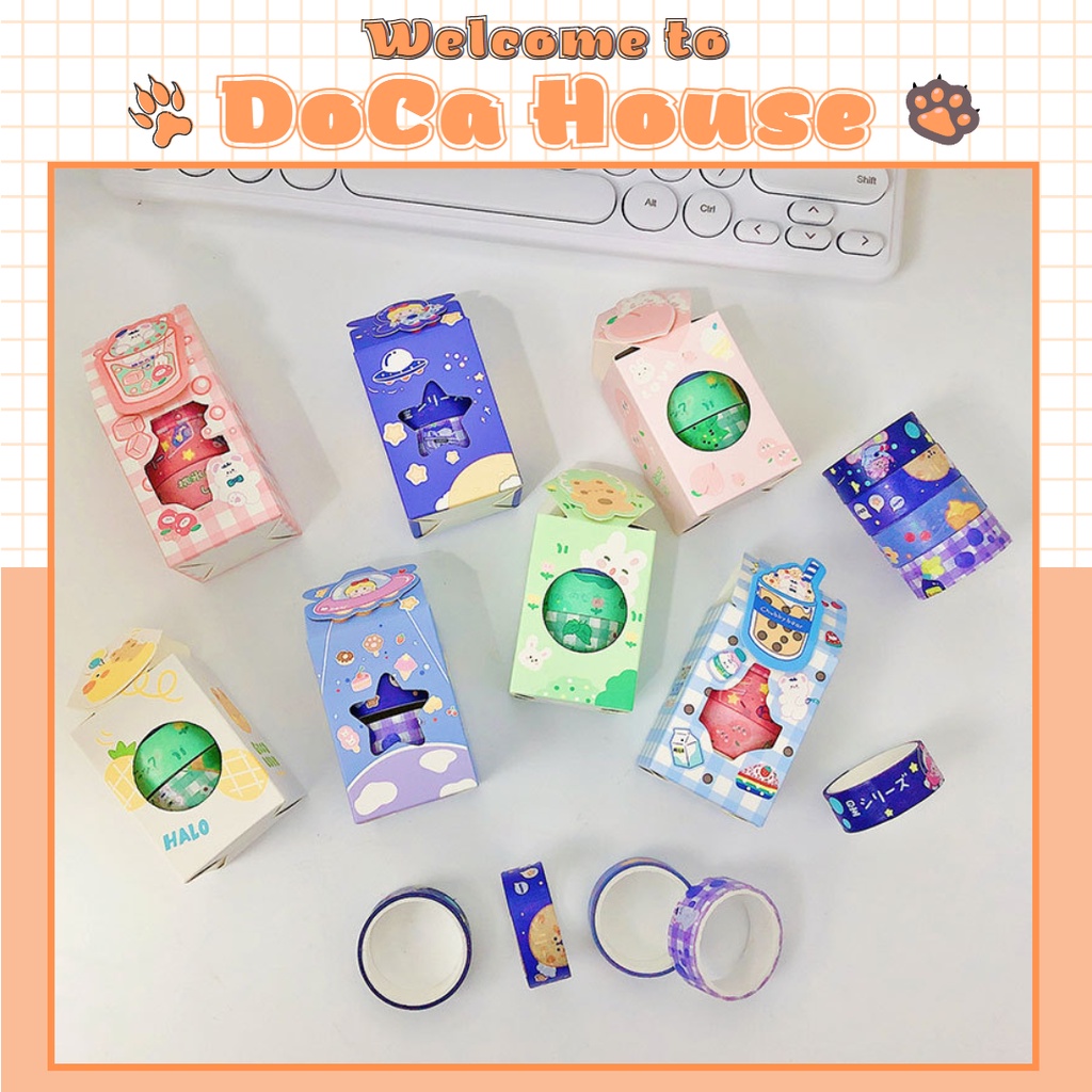 Hộp 4 cuộn washi tape DOCA, băng dính giấy, băng keo dán trang trí sổ tay nhiều chủ đề đáng yêu