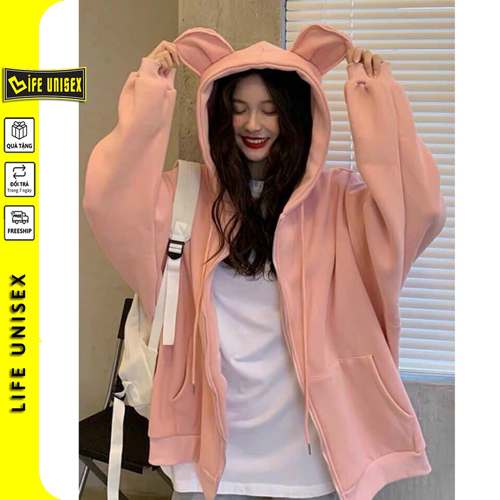 Áo khoác nỉ PE Tai Thỏ dây kéo chống nắng dành cho nam nữ có mũ tai thỏ form rộng nỉ ngoại Unisex Ulzzang-Life Unisex