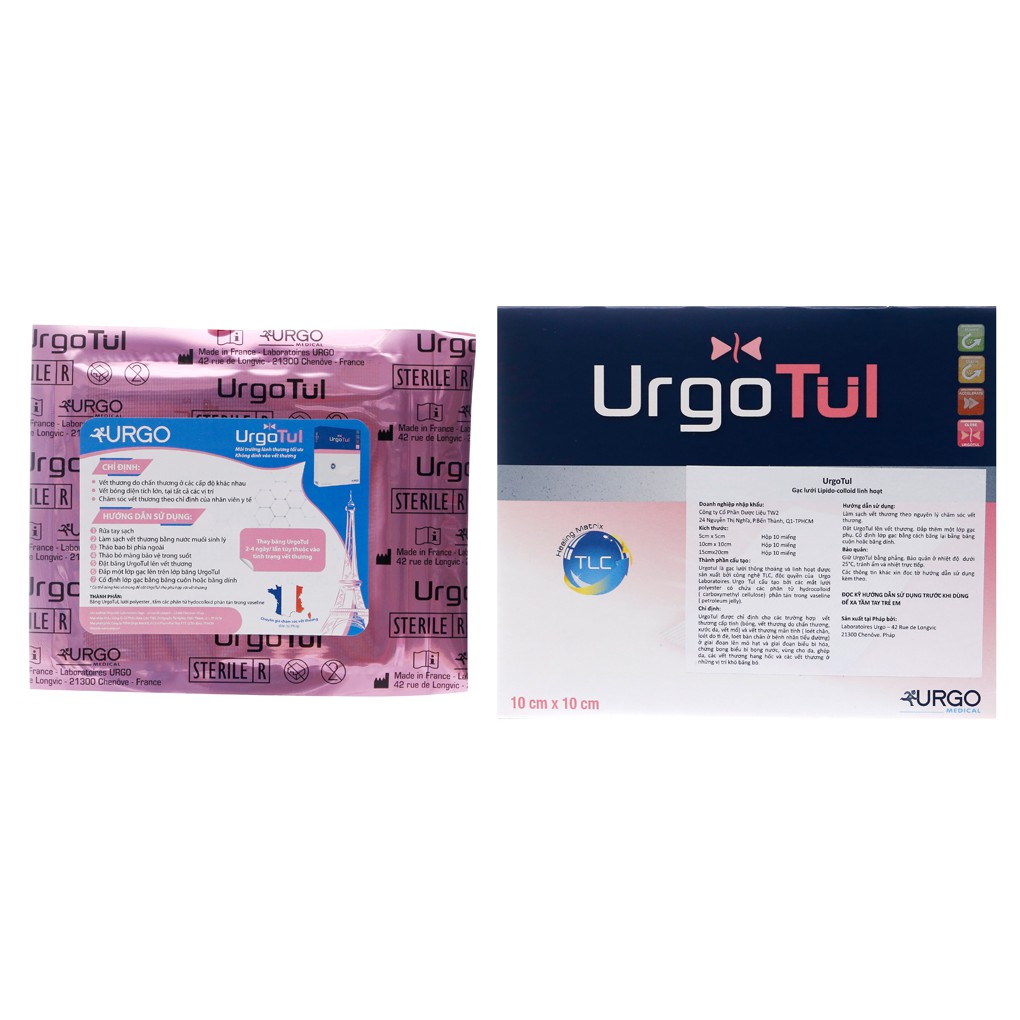 ✅ Gạc Lưới Chống Dính: Urgotul (Hộp 10x10cm - 10 Miếng) Dán Loét, Vết Mổ, Vết Thương lớn - VT0373