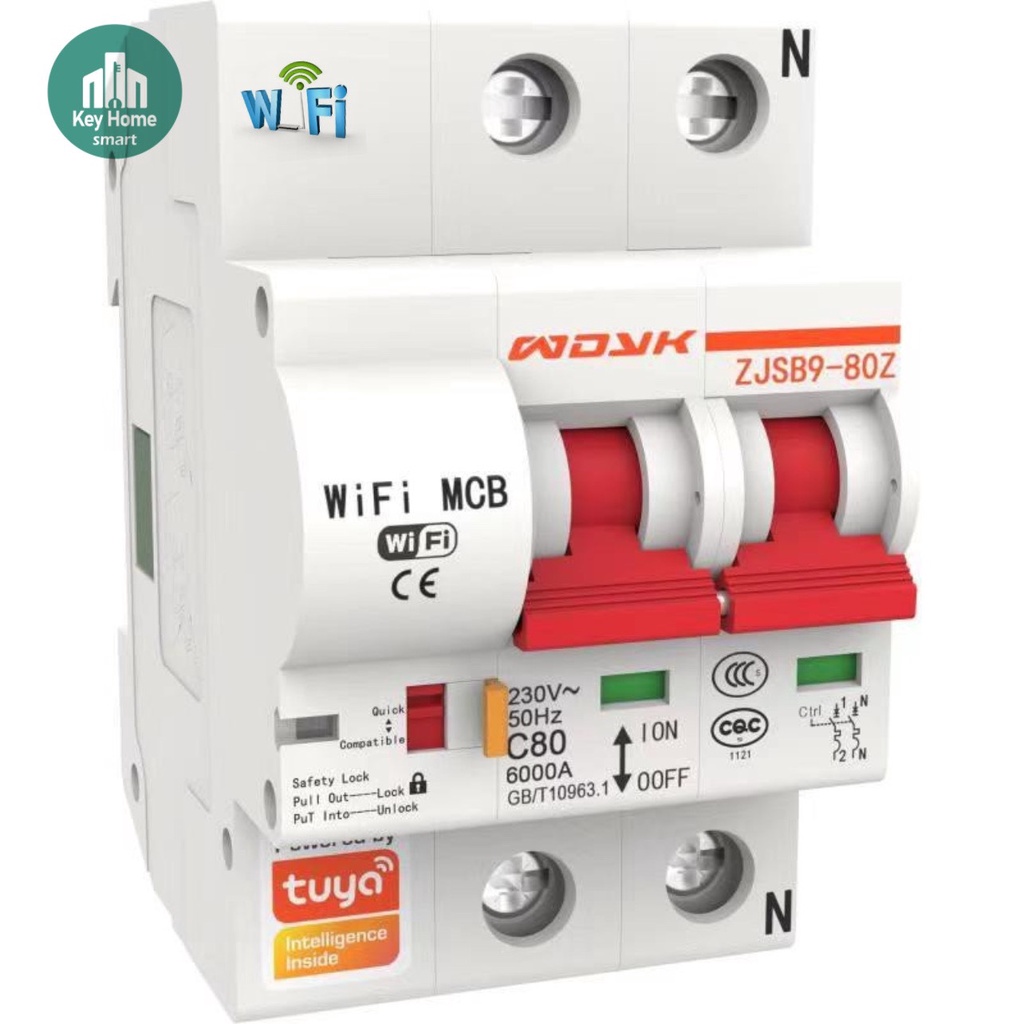 Aptomat cầu dao tổng CB thông minh Điều khiển giọng nói Wifi/ Zigbee qua App Smart life Tuya, Công suất 80A - 1P, 2P, 3P