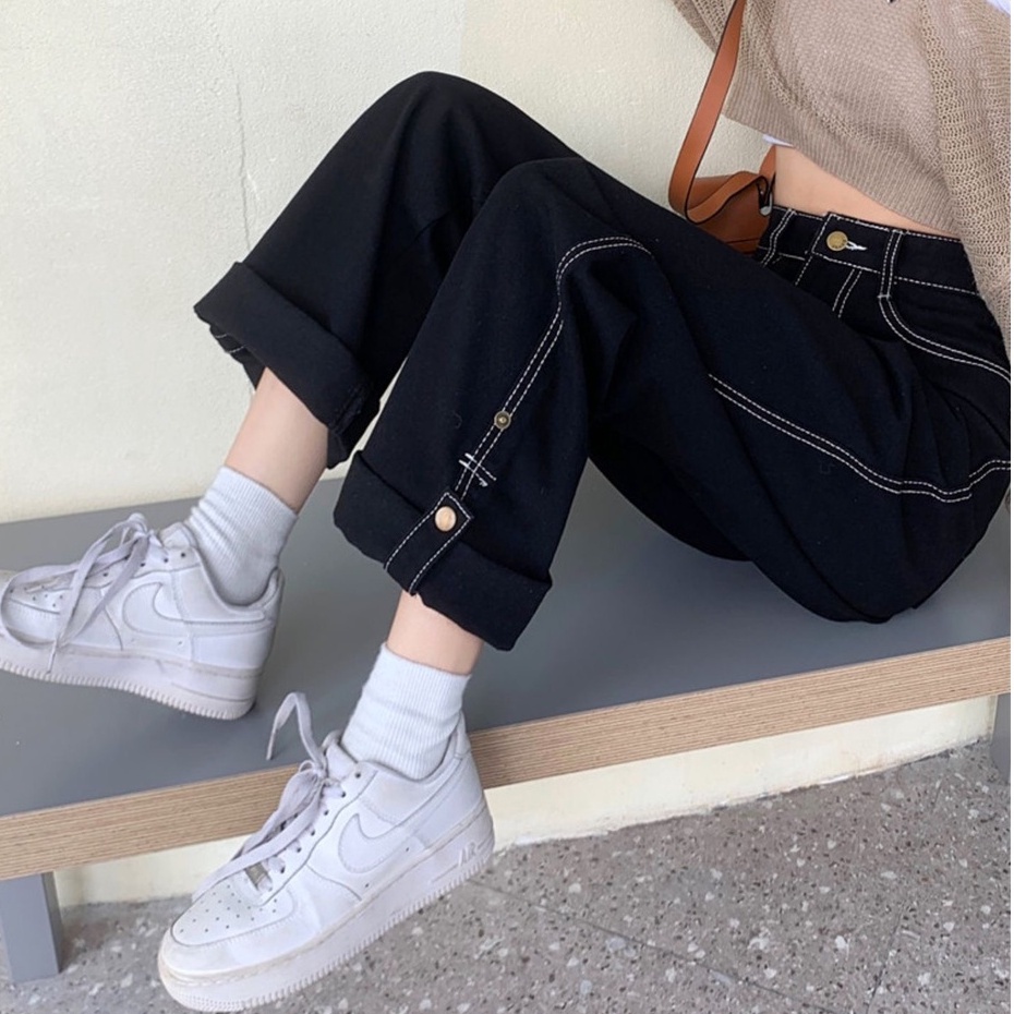 Quần jeans dài cạp cao phối chỉ nổi, quần jeans dài nữa dáng rộng_J25
