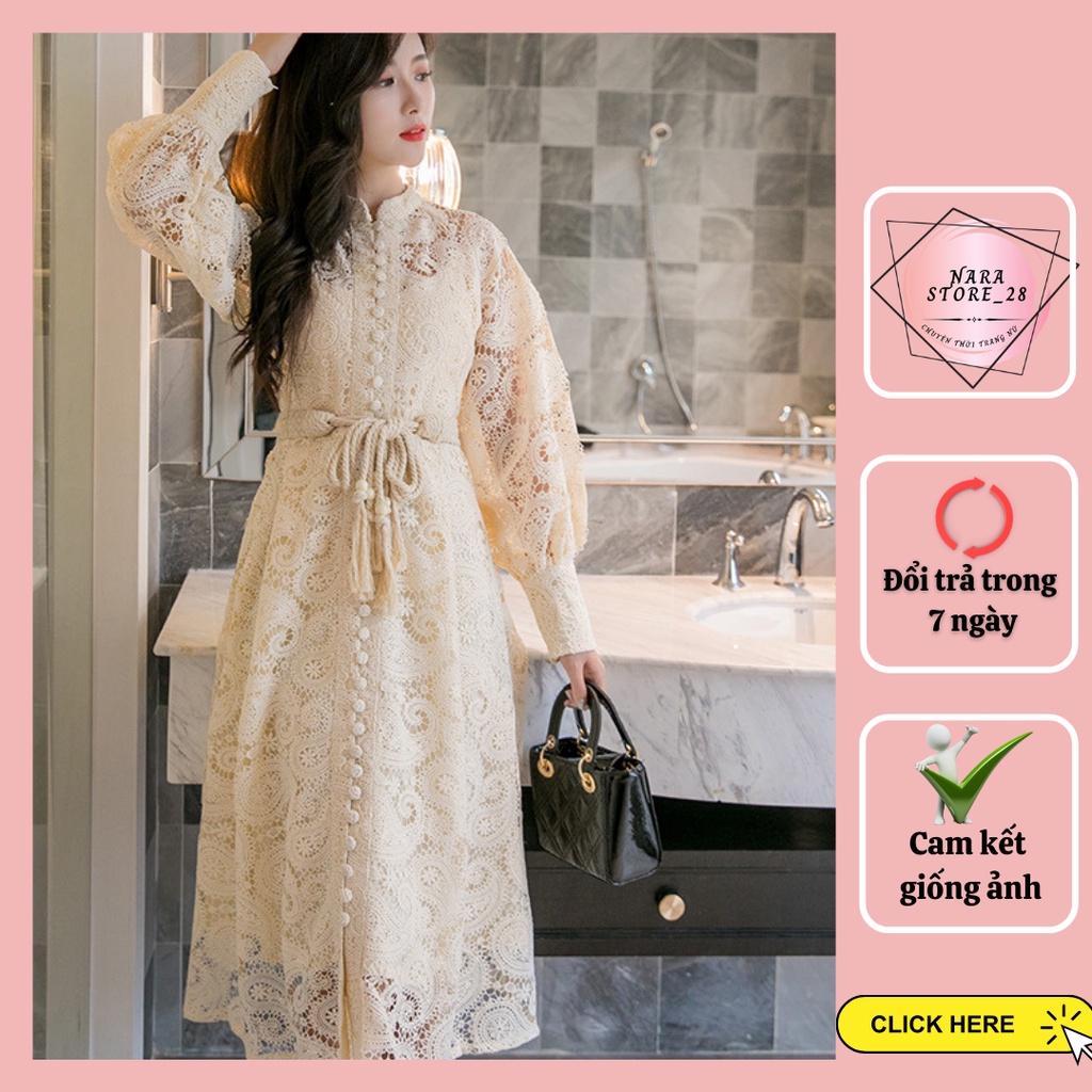 Váy tiểu thư sang chảnh, váy ren tiểu thư cổ tàu dài tay kèm đai thừng phong cách vintage Narastore (hàng có sẵn)