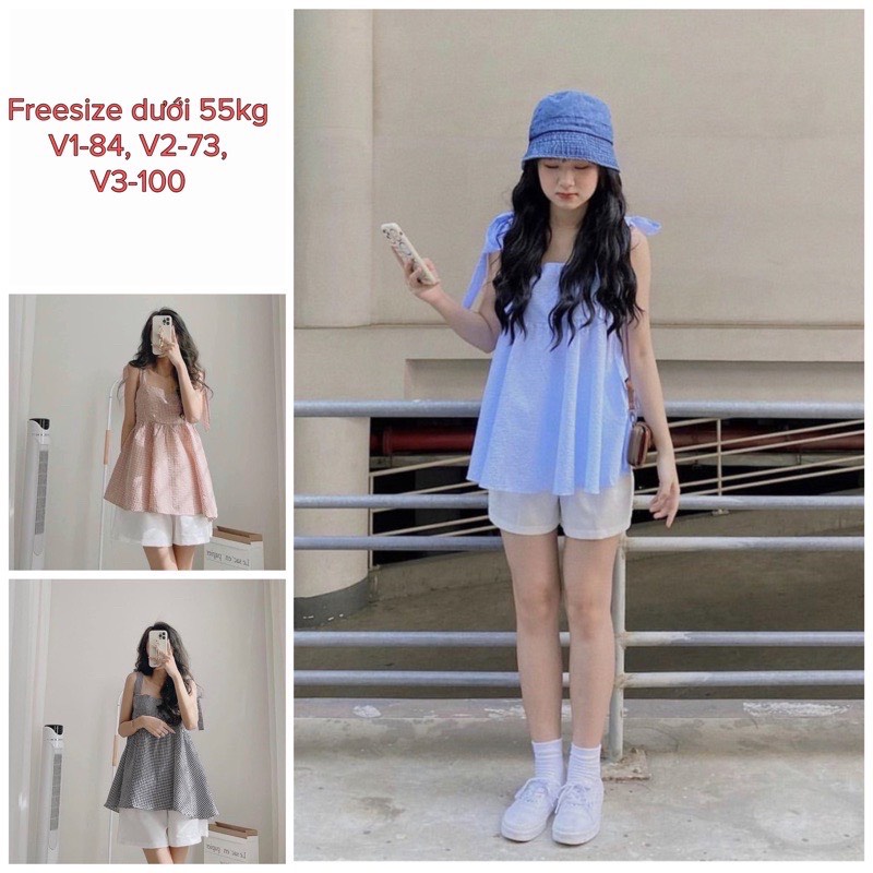 Set Áo Hai Dây Buộc Nơ Phối Quần Sooc Trắng Ulzzang, Áo Babydoll Hàn Quốc Kẻ Caro Và Quần Short Siêu Cute