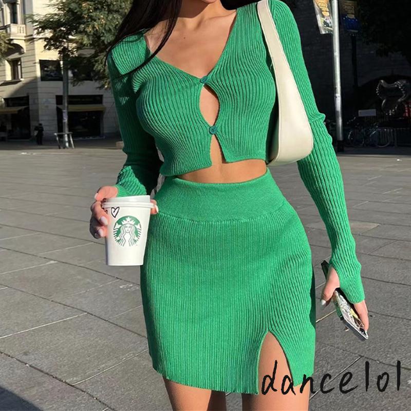 Set Áo Croptop Tay Dài + Chân Váy Màu Sắc Trơn Cho Nữ Khiêu Vũ1O1-