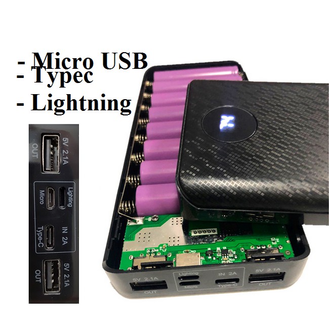 Box sạc dự phòng dùng 8 Cell 3 đầu vào lightning, type-c,microusb, pin 18650, hộp đựng pin dự phòng, - CHƯA PIN