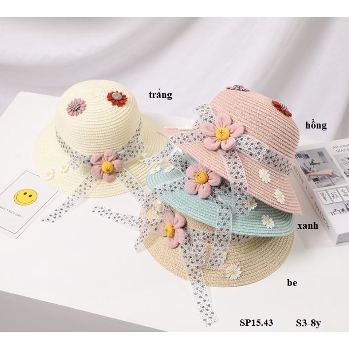 A23 Mũ cho bé/ Mũ cói đi biển cho bé gái/ Mũ cói vành rộng đính hình dễ thương,chống nắng cho bé  S3-6y