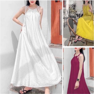 Đầm nữ, Đầm maxi cổ yếm buộc nơ nữ, chất đũi mềm mát không nhăn không nhàu