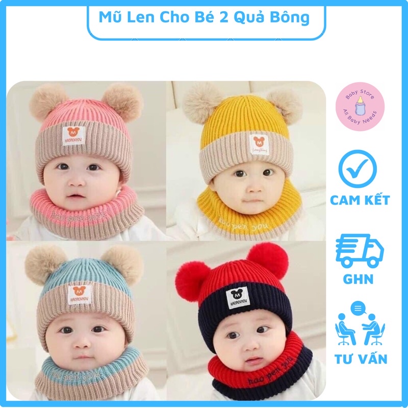 Mũ Len 2 Quả Bông Kèm Khăn Ống Cho Bé