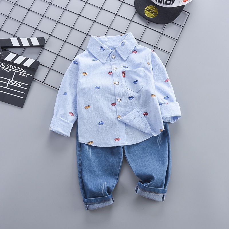 Set áo sơ mi họa tiết oto kèm quần jeans cho bé trai 1-4 tuổi